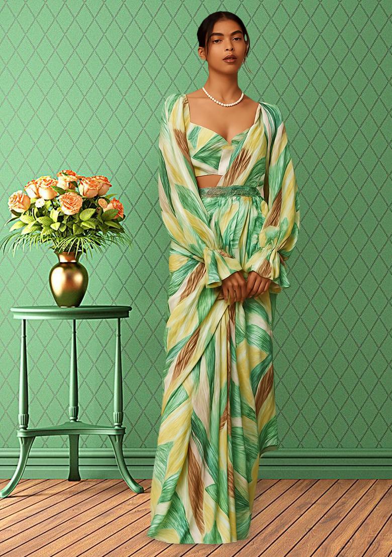 Multicolor Printed Pre Draped Saree Set