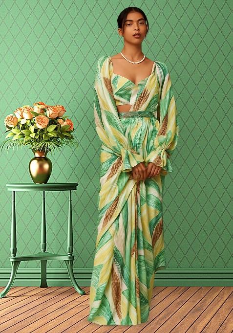 Multicolor Printed Pre Draped Saree Set