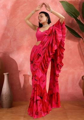 Hot Pink Printed Pre Draped Saree Set