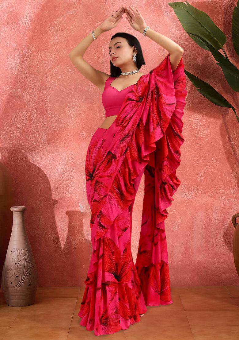 Hot Pink Printed Pre Draped Saree Set