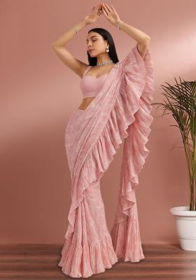 Pink Printed Pre Draped Saree Set