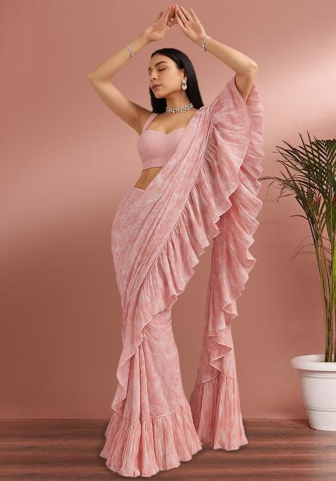 Pink Printed Pre Draped Saree Set