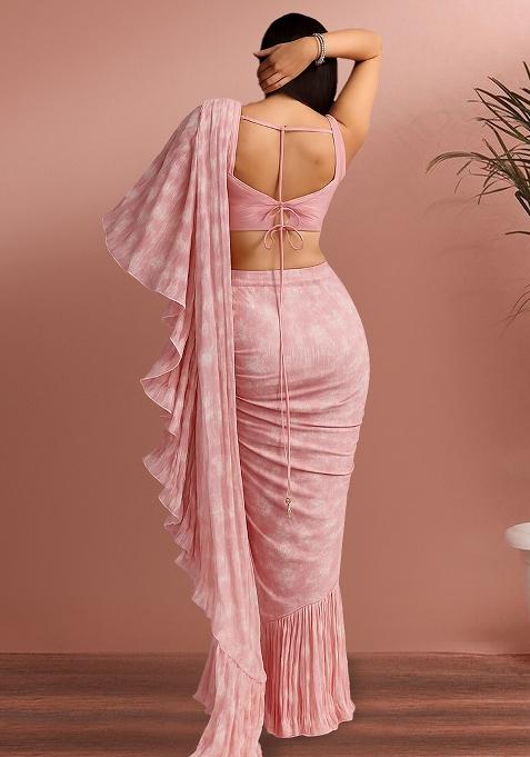 Pink Printed Pre Draped Saree Set