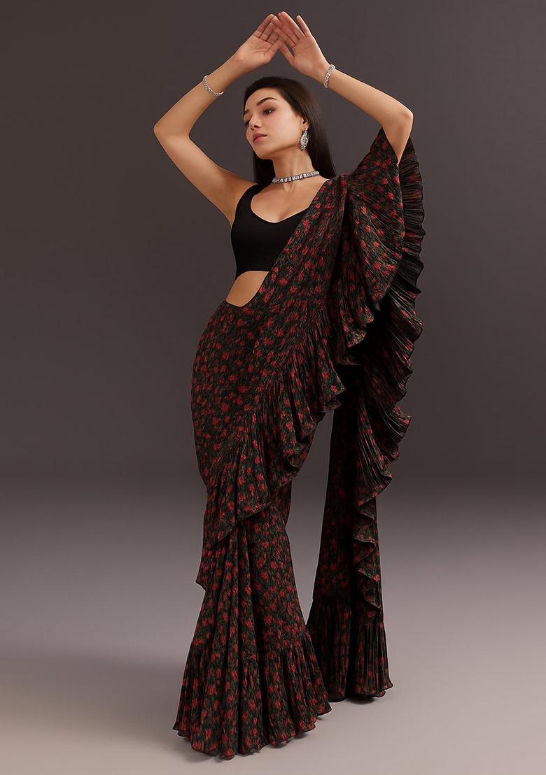 Red Printed Pre Draped Saree Set