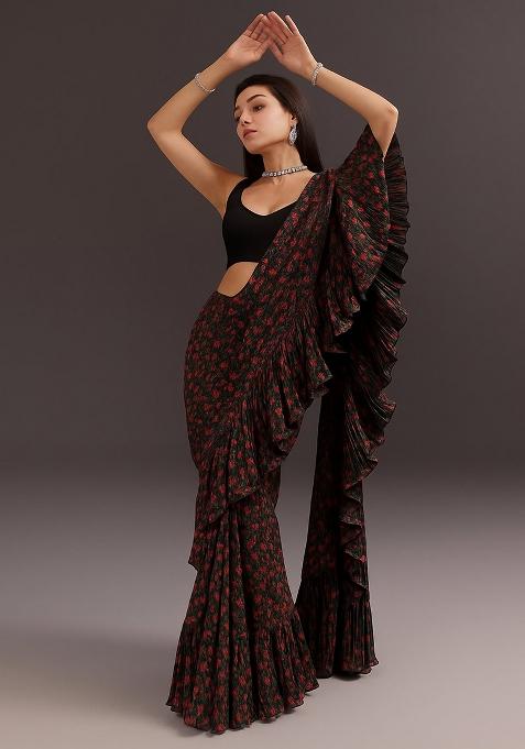 Red Printed Pre Draped Saree Set