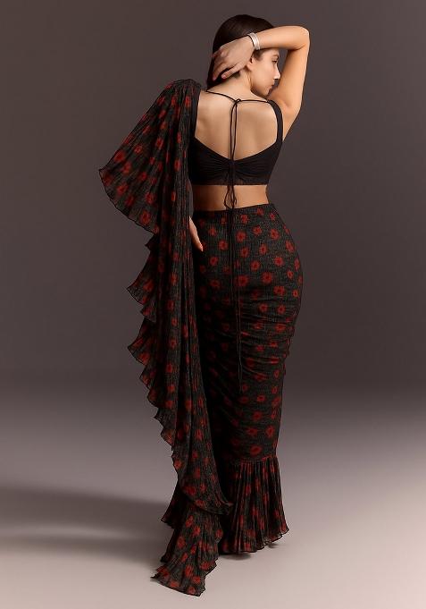 Red Printed Pre Draped Saree Set