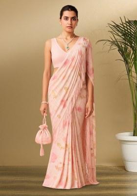 Pink Floral Print Satin Pre Draped Saree Set