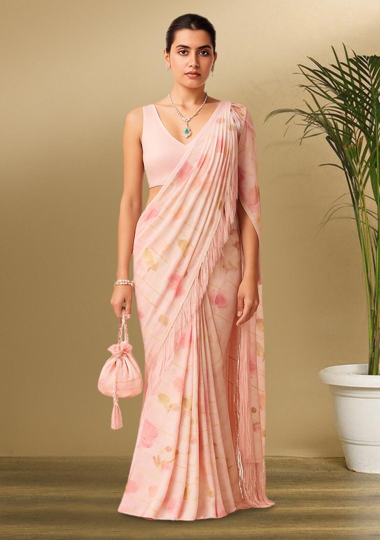 Pink Floral Print Satin Pre Draped Saree Set