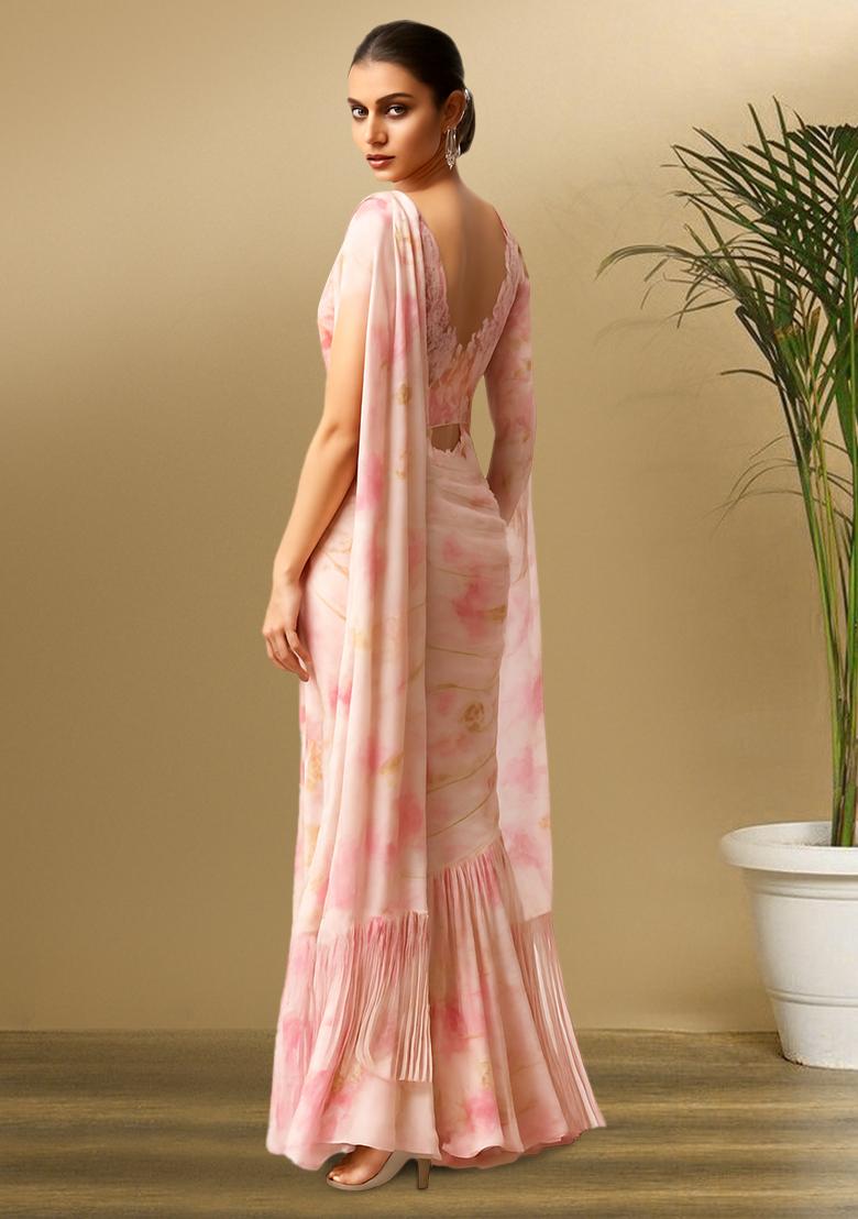 Pink Floral Print Satin Pre Draped Saree Set