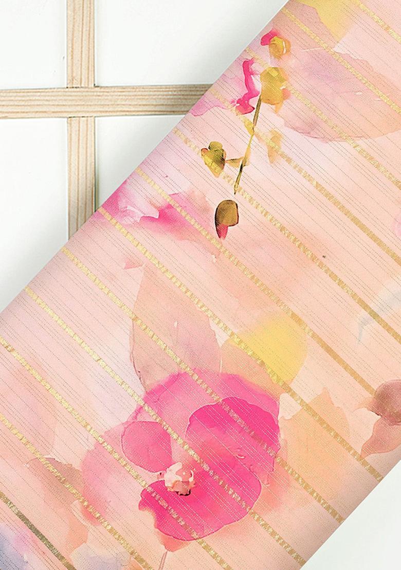 Pink Floral Print Satin Pre Draped Saree Set