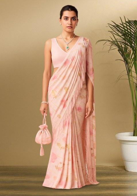 Pink Floral Print Satin Pre Draped Saree Set
