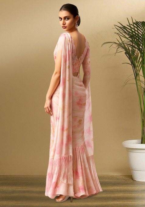 Pink Floral Print Satin Pre Draped Saree Set