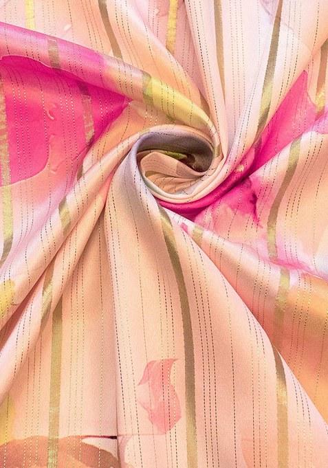 Pink Floral Print Satin Pre Draped Saree Set