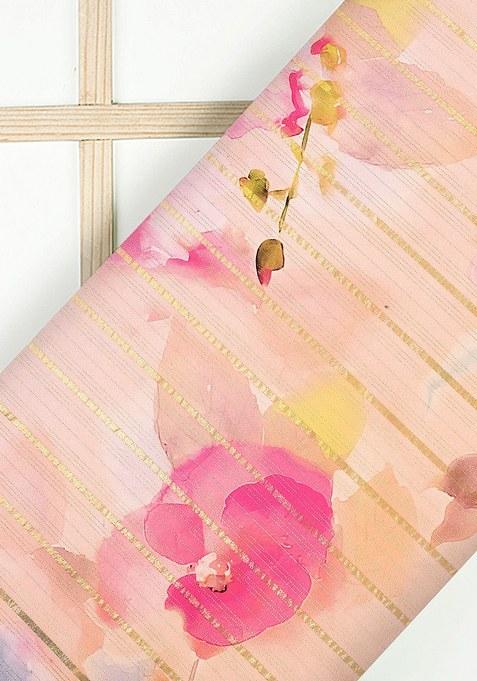 Pink Floral Print Satin Pre Draped Saree Set
