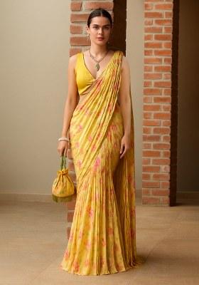 Yellow Floral Print Chiffon Pre Draped Saree Set