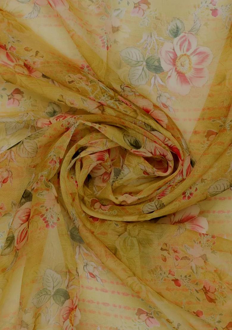 Yellow Floral Print Chiffon Pre Draped Saree Set - Indya