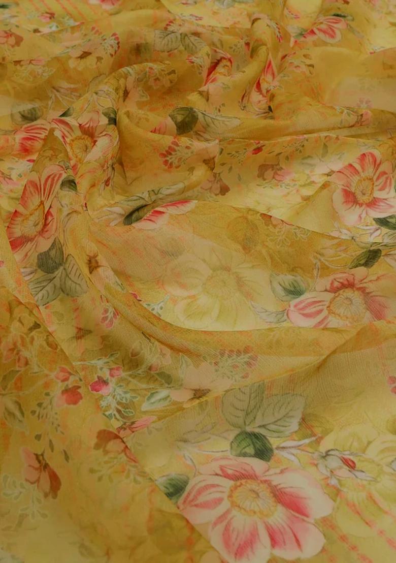 Yellow Floral Print Chiffon Pre Draped Saree Set - Indya