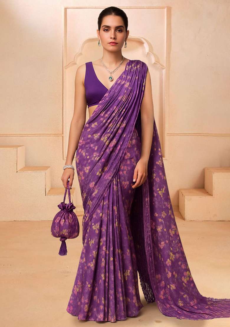Purple Floral Print Chiffon Pre Draped Saree Set - Indya
