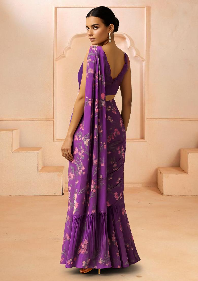 Purple Floral Print Chiffon Pre Draped Saree Set - Indya
