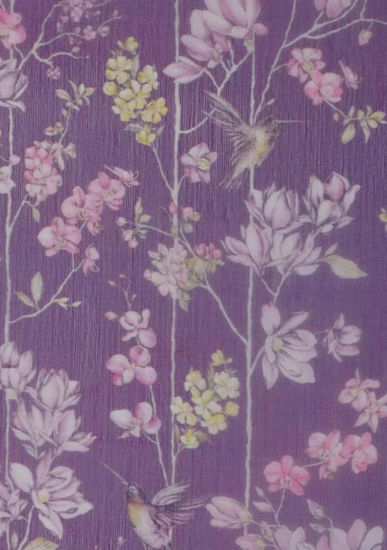 Purple Floral Print Chiffon Pre Draped Saree Set - Indya