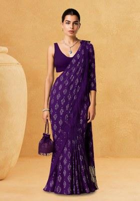Purple Bandhani Print Chanderi Pre Draped Saree Set