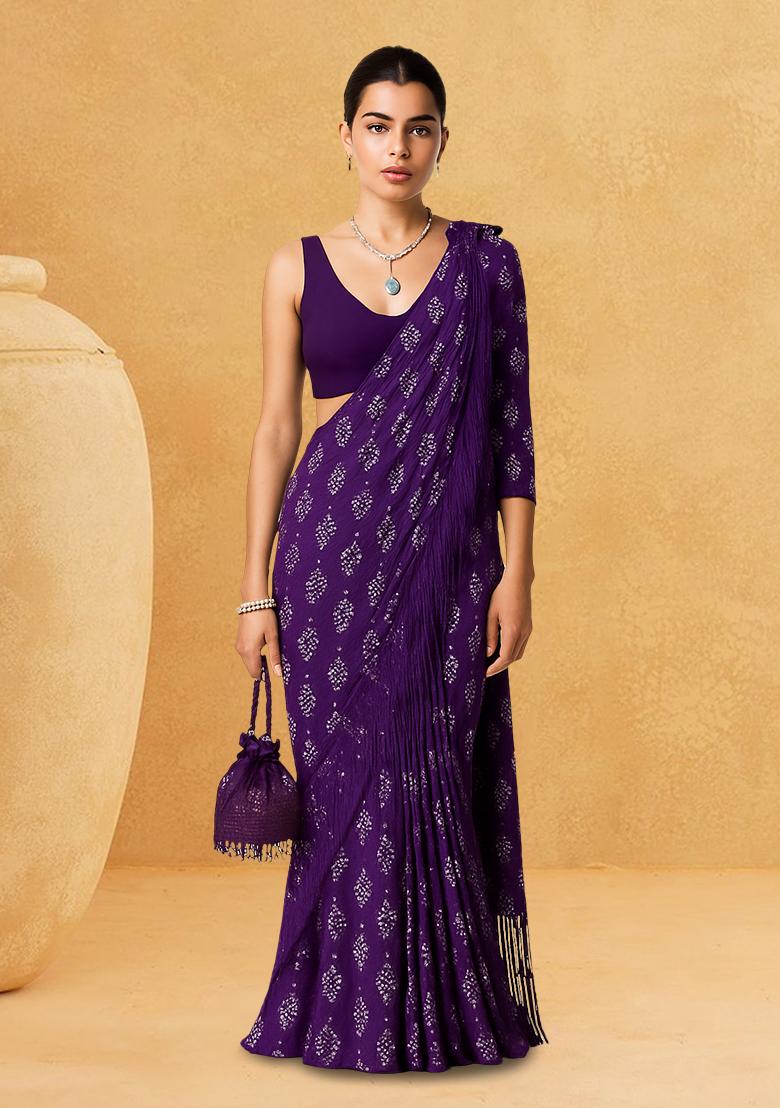 Purple Bandhani Print Chanderi Pre Draped Saree Set