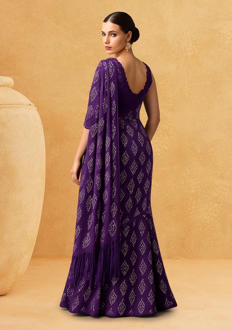 Purple Bandhani Print Chanderi Pre Draped Saree Set