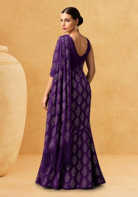 Purple Bandhani Print Chanderi Pre Draped Saree Set