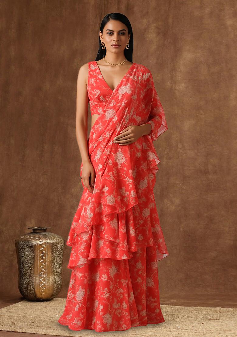 Orange Floral Print Satin Pre Draped Saree Set