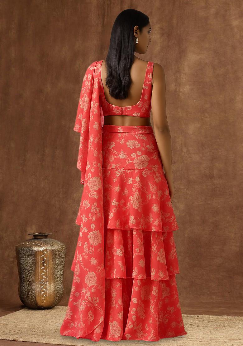 Orange Floral Print Satin Pre Draped Saree Set - Indya