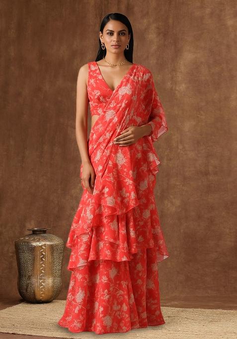 Orange Floral Print Satin Pre Draped Saree Set