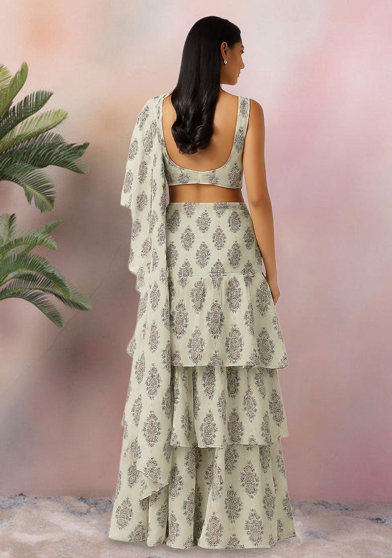 Off White Floral Print Satin Pre Draped Saree Set - Indya