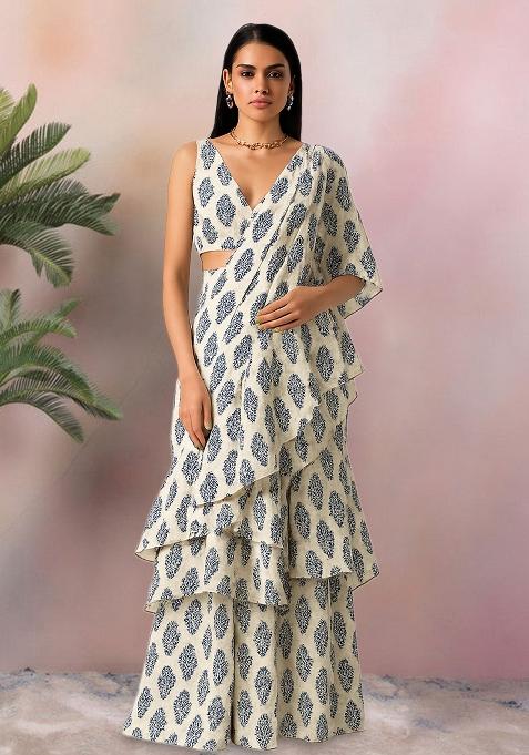 Off White Floral Print Satin Pre Draped Saree Set