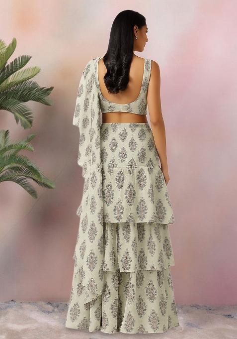 Off White Floral Print Satin Pre Draped Saree Set