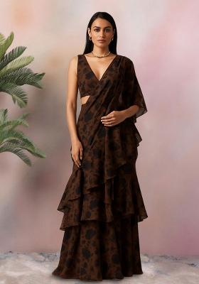 Brown Floral Print Satin Pre Draped Saree Set