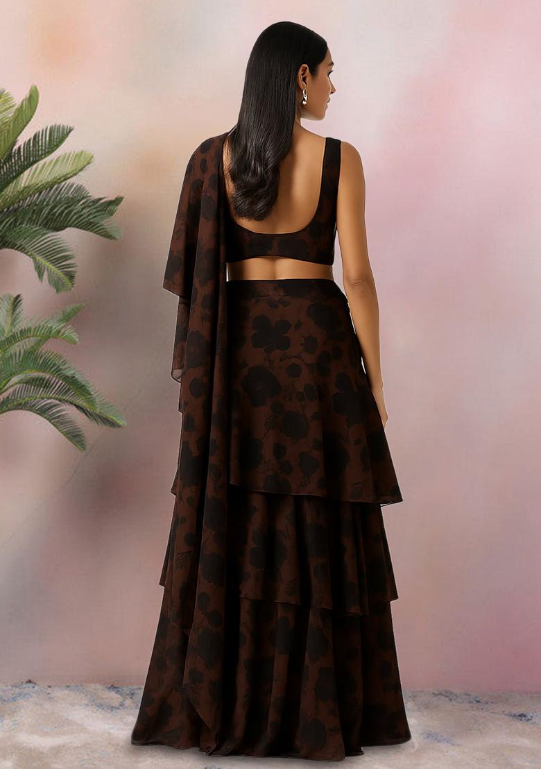 Brown Floral Print Satin Pre Draped Saree Set