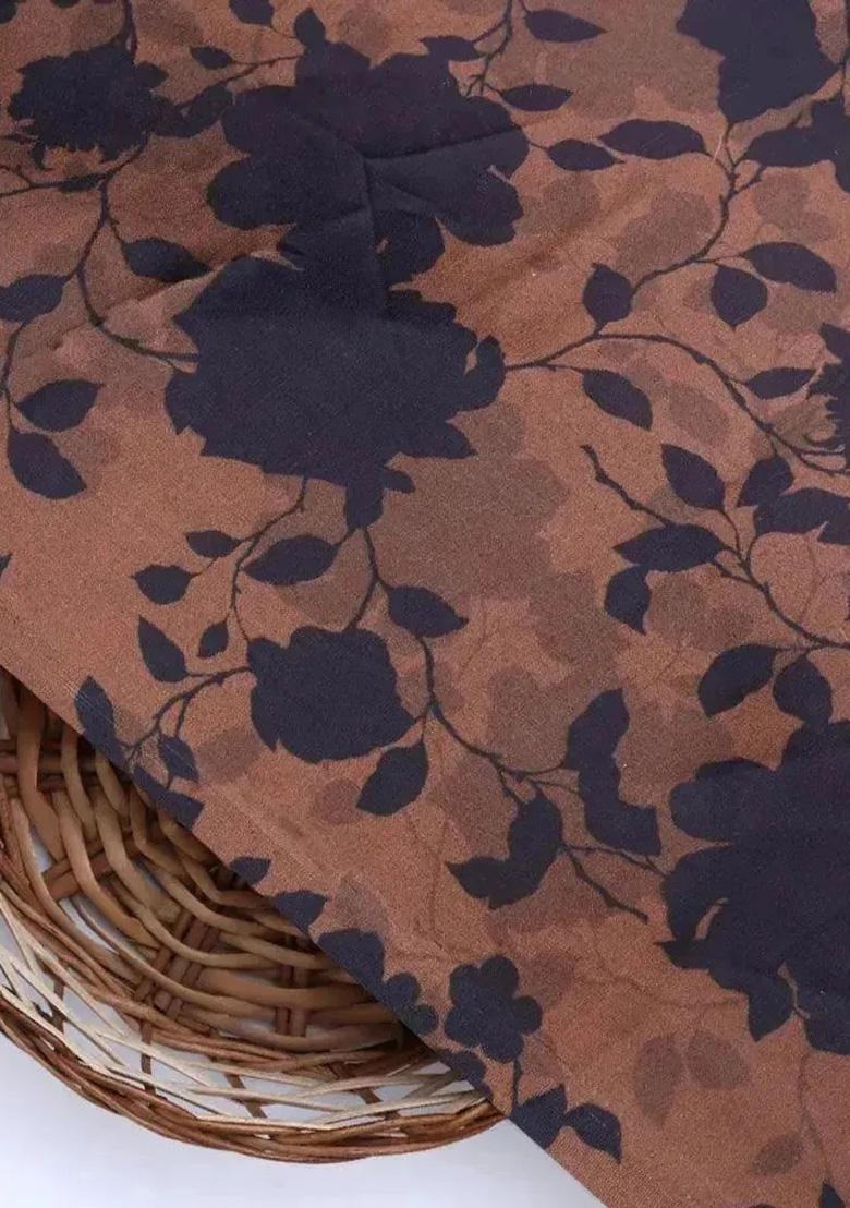 Brown Floral Print Satin Pre Draped Saree Set