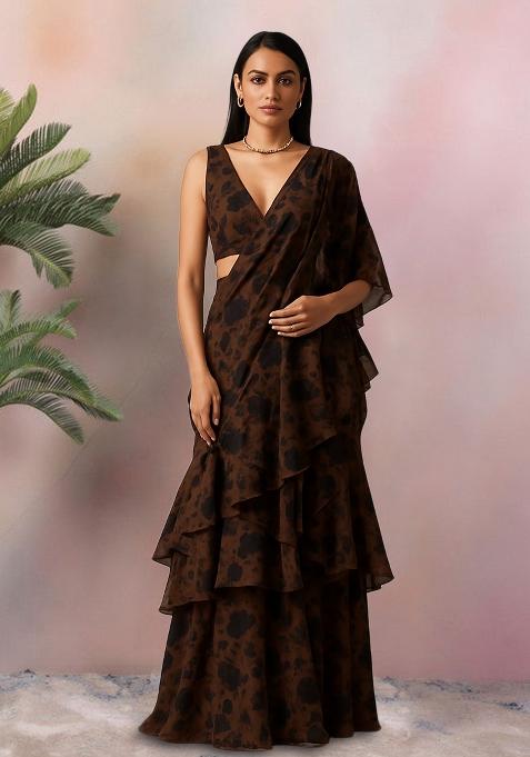Brown Floral Print Satin Pre Draped Saree Set