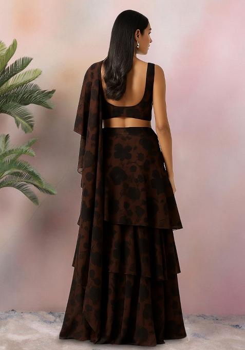 Brown Floral Print Satin Pre Draped Saree Set