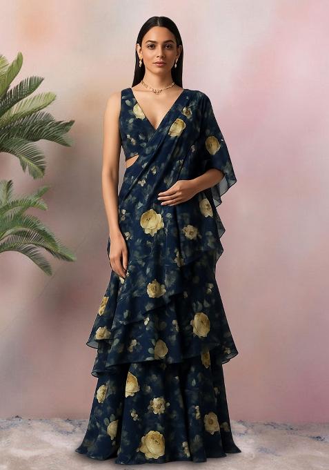 Blue Floral Print Weightless Pre Draped Saree Set