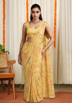 Yellow Floral Print Chiffon Pre Draped Saree Set