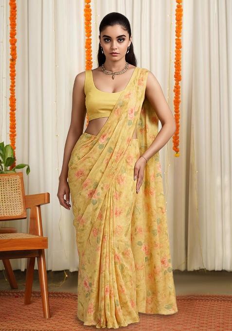 Yellow Floral Print Chiffon Pre Draped Saree Set