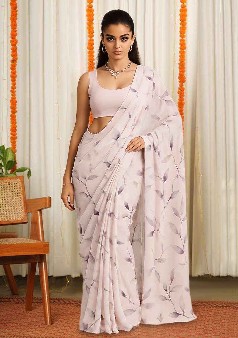 Pink Floral Print Satin Pre Draped Saree Set - Indya