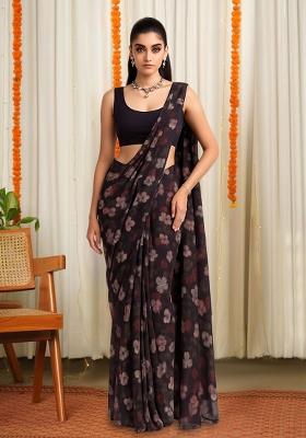 Maroon Floral Print Satin Pre Draped Saree Set