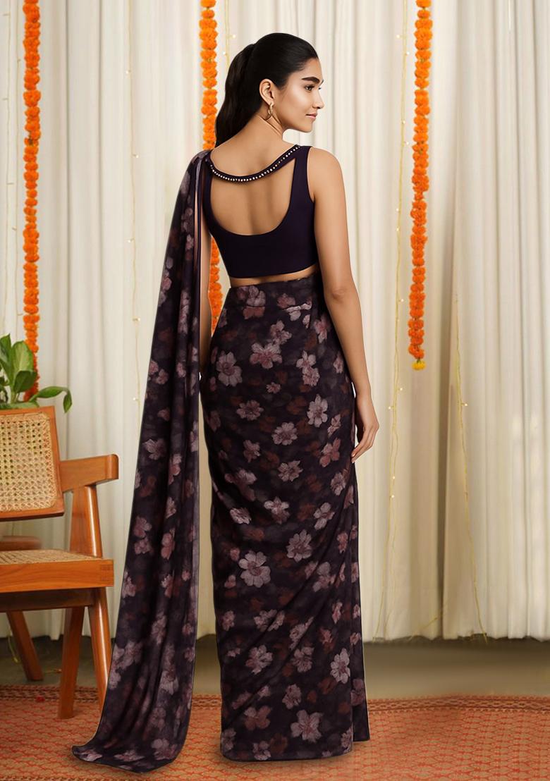 Maroon Floral Print Satin Pre Draped Saree Set