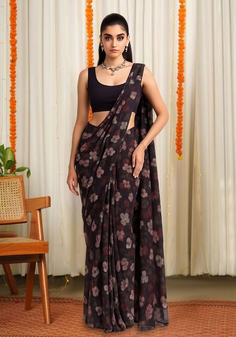 Maroon Floral Print Satin Pre Draped Saree Set
