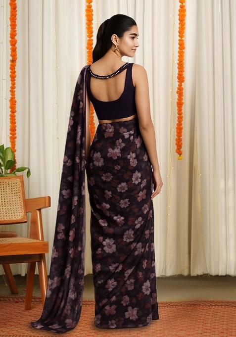 Maroon Floral Print Satin Pre Draped Saree Set