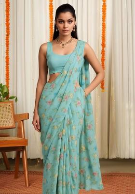 Blue Floral Print Satin Pre Draped Saree Set