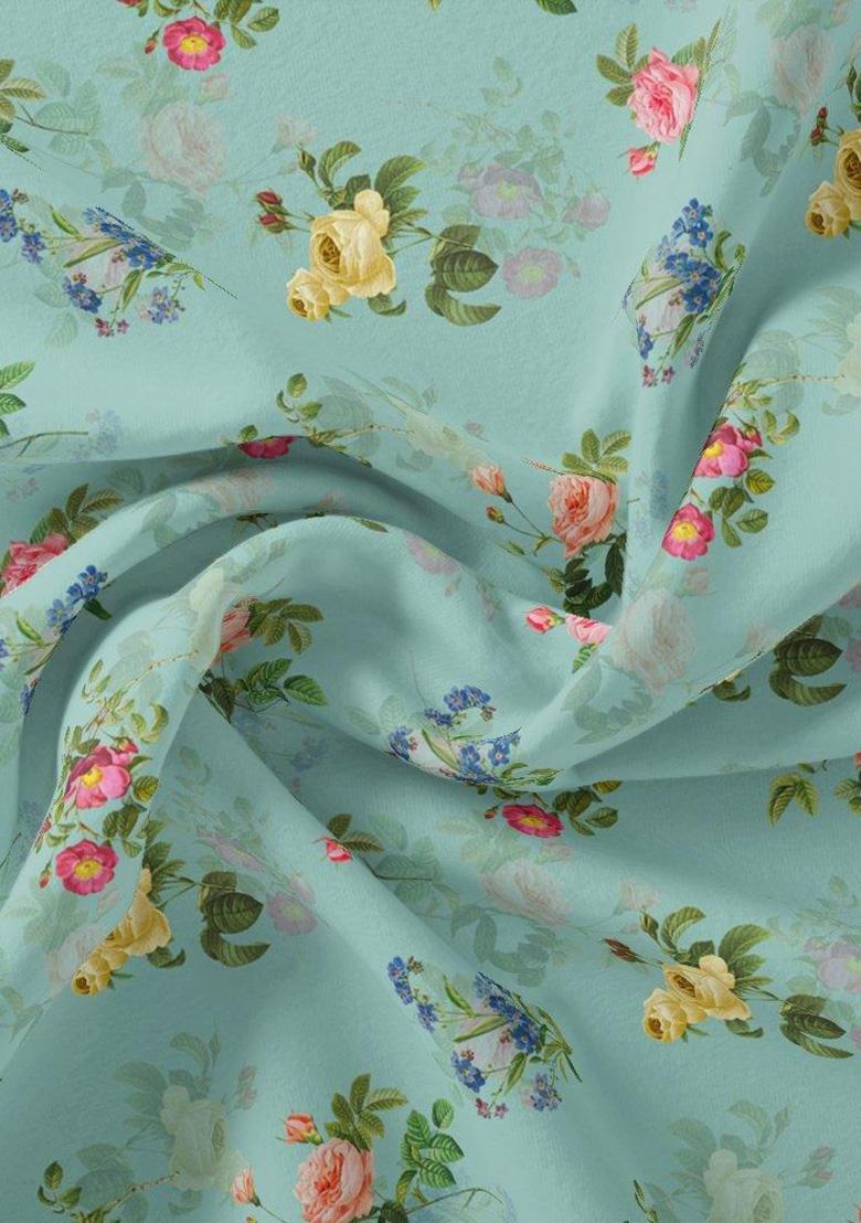 Blue Floral Print Satin Pre Draped Saree Set