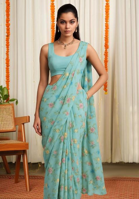 Blue Floral Print Satin Pre Draped Saree Set